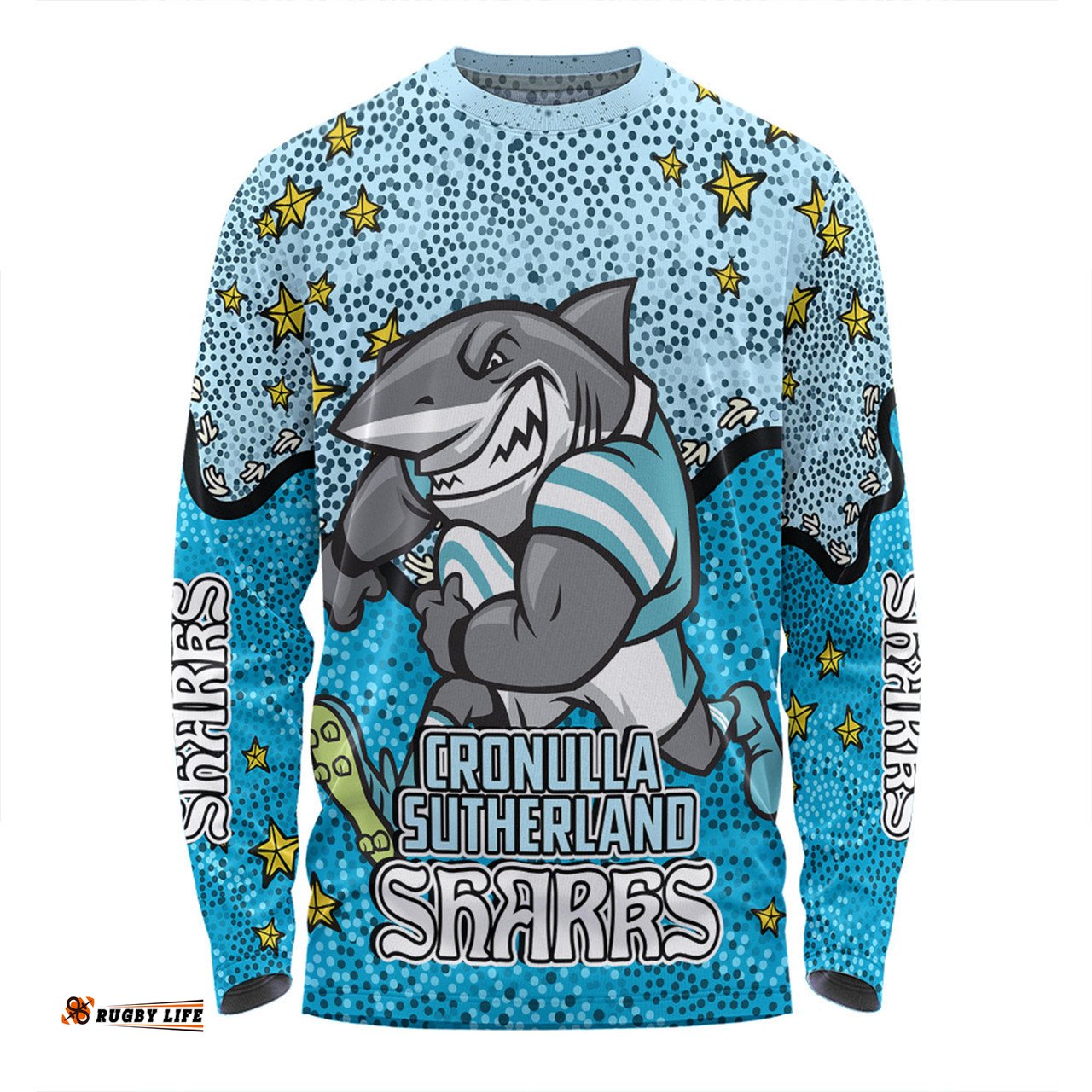 Cronulla-Sutherland Sharks Custom Long Sleeve T-shirt - Team With Dot And Star Patterns For Tough Fan Long Sleeve T-shirt