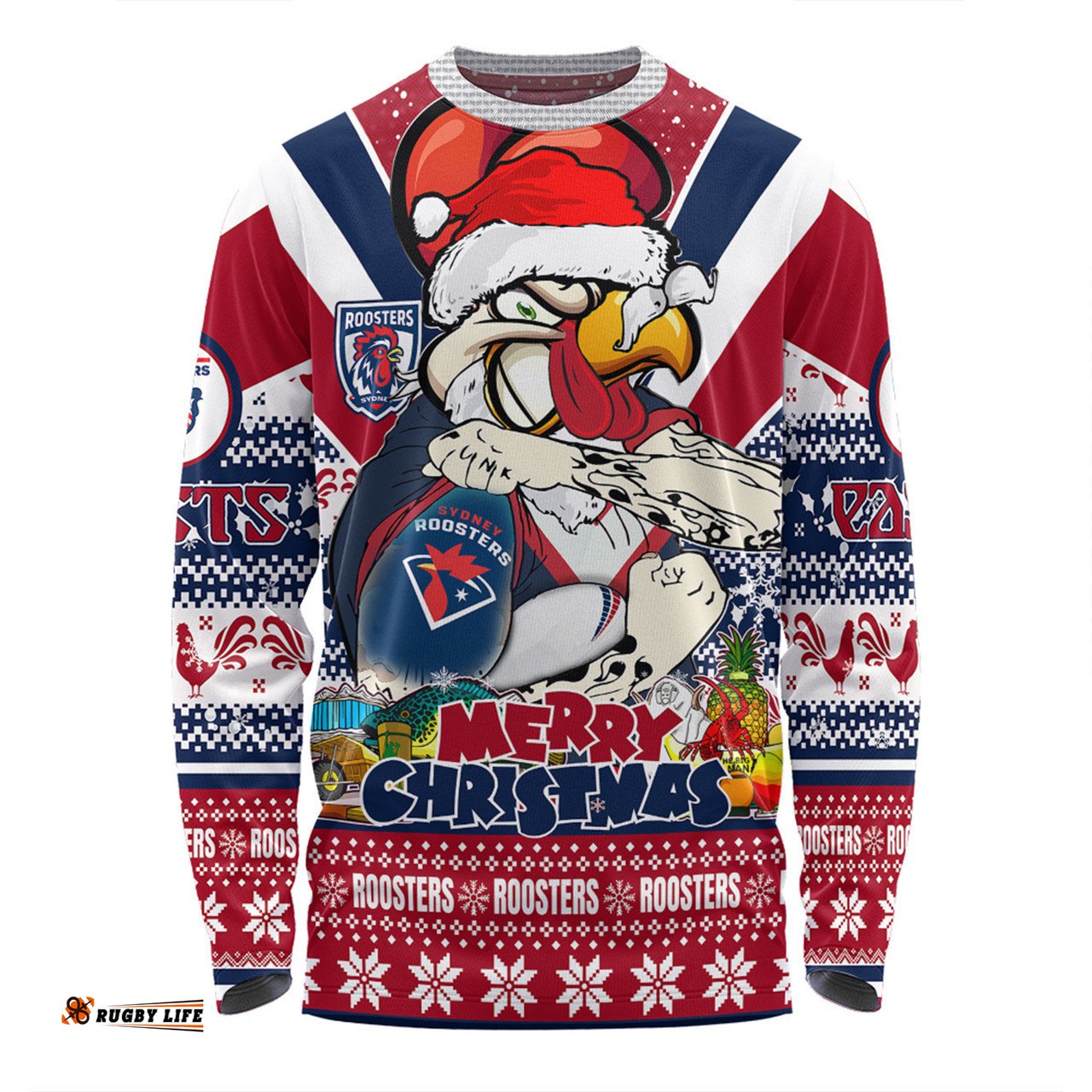 Sydney Roosters Christmas Custom Long Sleeve T-Shirt - Easts Rooster Santa Aussie Big Things Long Sleeve T-Shirt