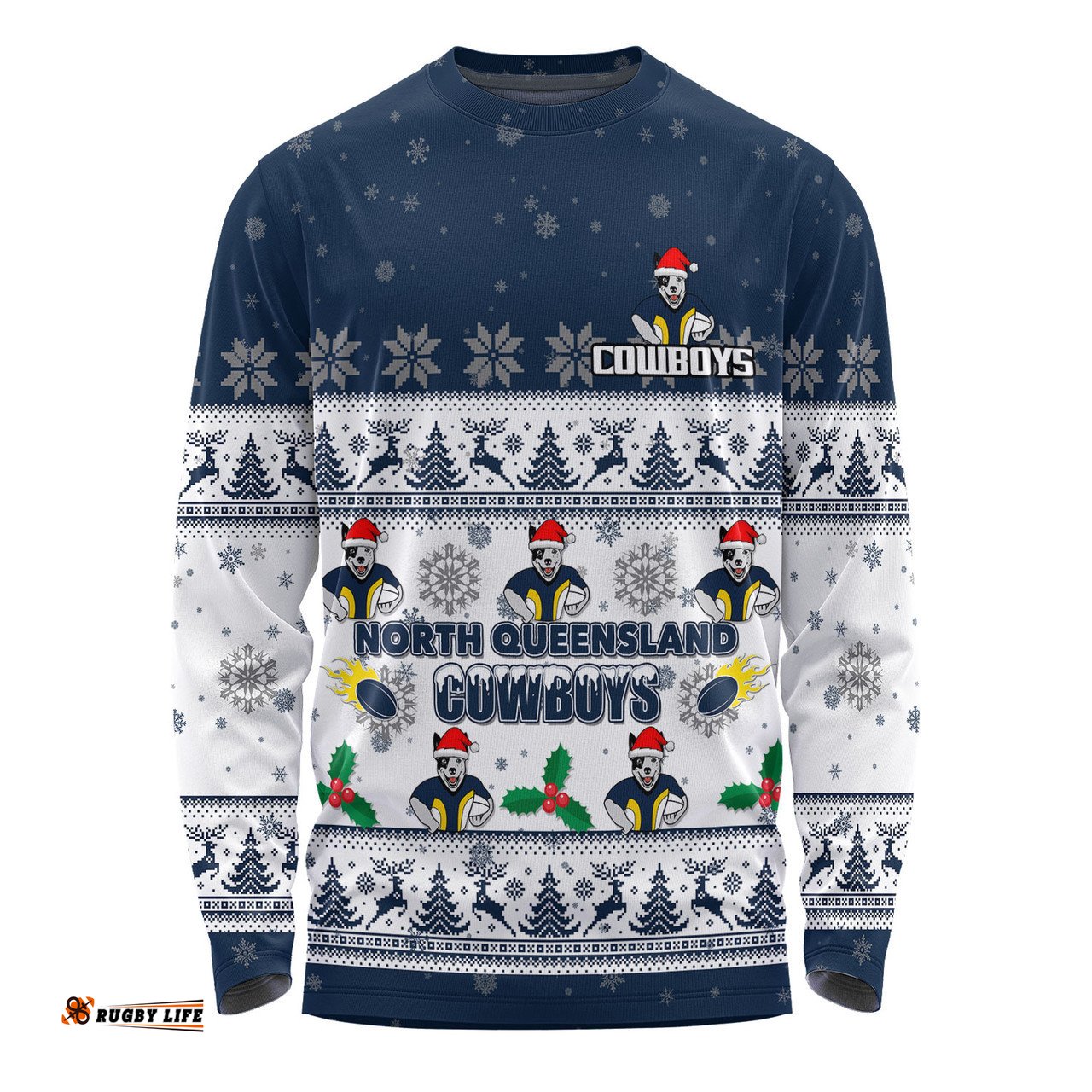 North Queensland Cowboys Christmas Custom Long Sleeve T-shirt - Special Ugly Christmas Long Sleeve T-shirt