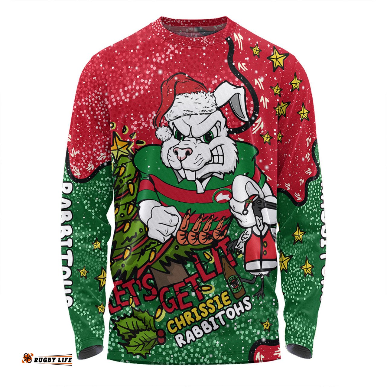 South Sydney Rabbitohs Custom Long Sleeve T-shirt - Let's Get Lit Chrisse Pressie Long Sleeve T-shirt