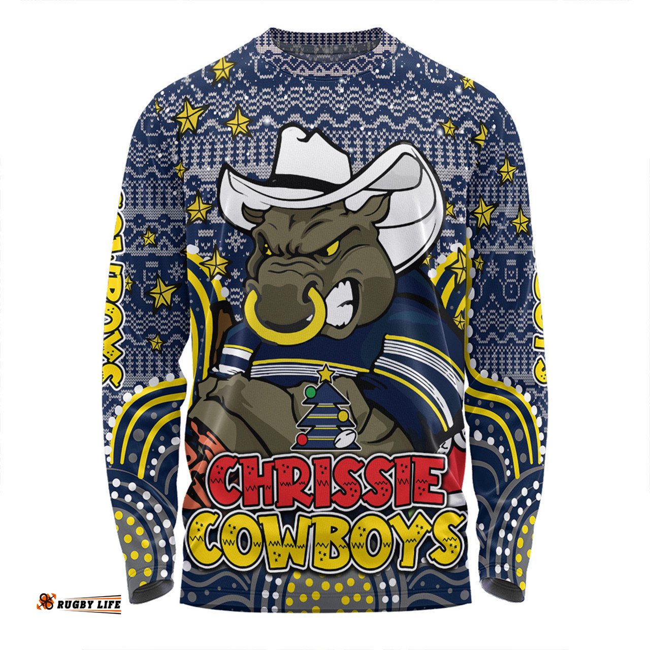North Queensland Cowboys Christmas Custom Long Sleeve T-shirt - Christmas Knit Patterns Vintage Jersey Ugly Long Sleeve T-shirt