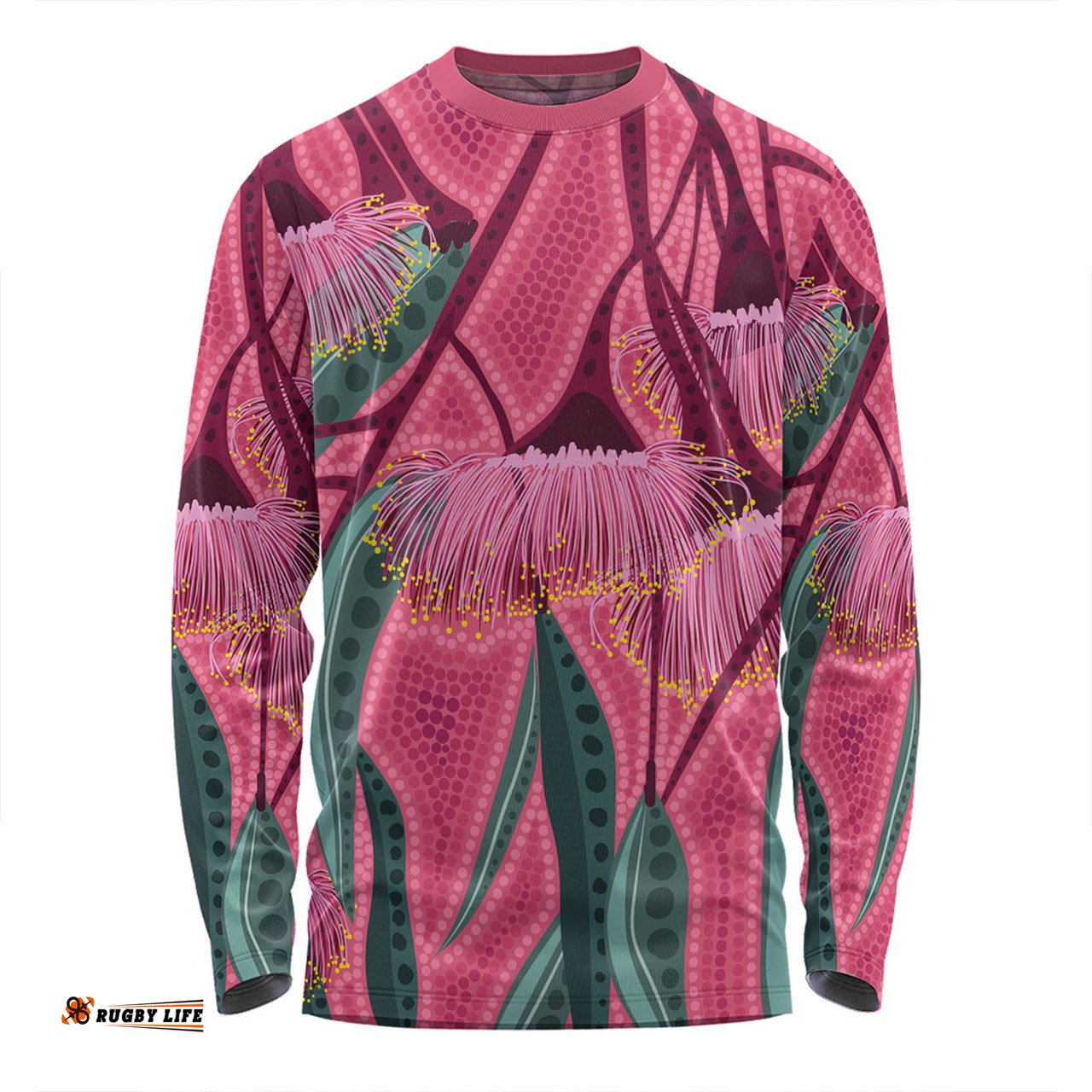 Australia Flowers Aboriginal Long Sleeve T-shirt - Aboriginal Dot Art Of Australian Native Eucalyptus Tree Branch Long Sleeve T-shirt