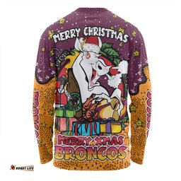 Brisbane Broncos Christmas Custom Long Sleeve T-shirt - Merry Christmas Our Beloved Team With Aboriginal Dot Art Pattern Long Sleeve T-shirt