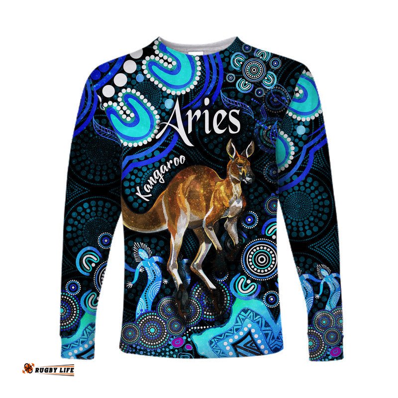 Australian Astrology Long Sleeve T-shirt Aries Kangaroo Zodiac Aboriginal Blue