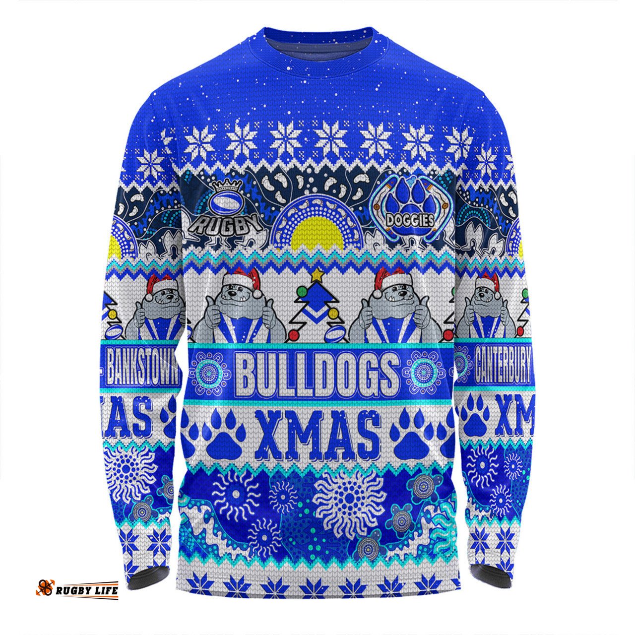 Canterbury-Bankstown Bulldogs Christmas Aboriginal Custom Long Sleeve T-Shirt - Indigenous Knitted Ugly Xmas Style Long Sleeve T-Shirt