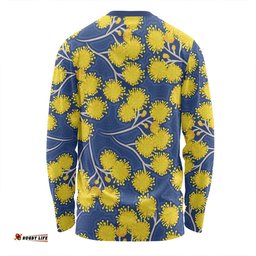 Australia Flowers Aboriginal Long Sleeve T-shirt - Yellow Wattle Flowers With Aboriginal Dot Art Long Sleeve T-shirt