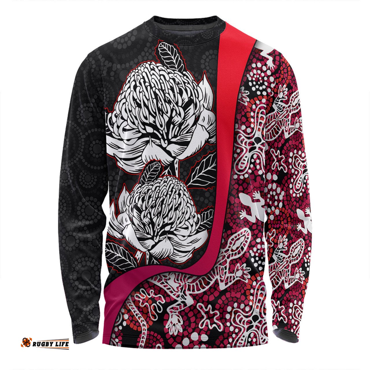 Australia  Warratah Goanna Aboriginal Long Sleeve T-shirt - Waratah Flowers With Red Lizards, Stones, Sand Dot Art Painting Inspired Long Sleeve T-shirt