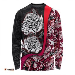 Australia  Warratah Goanna Aboriginal Long Sleeve T-shirt - Waratah Flowers With Red Lizards, Stones, Sand Dot Art Painting Inspired Long Sleeve T-shirt