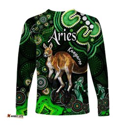 Australian Astrology Long Sleeve T-shirt Aries Kangaroo Zodiac Aboriginal Green