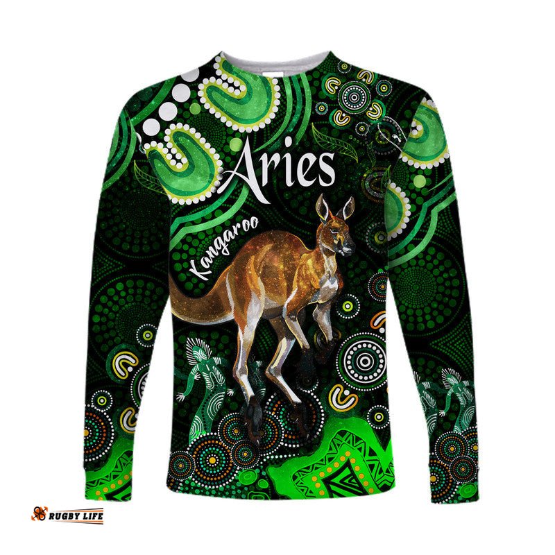 Australian Astrology Long Sleeve T-shirt Aries Kangaroo Zodiac Aboriginal Green