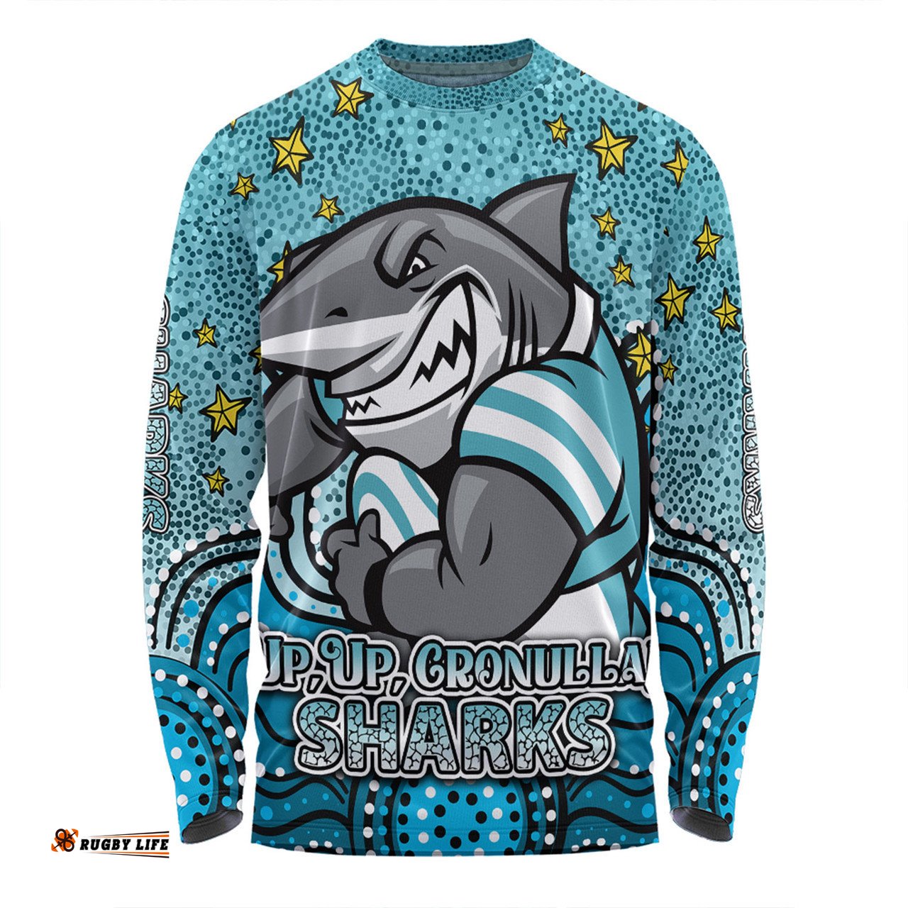 Cronulla-Sutherland Sharks Custom Long Sleeve T-shirt - Custom With Aboriginal Inspired Style Of Dot Painting Patterns  Long Sleeve T-shirt