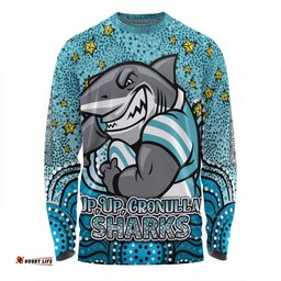Cronulla-Sutherland Sharks Custom Long Sleeve T-shirt - Custom With Aboriginal Inspired Style Of Dot Painting Patterns  Long Sleeve T-shirt