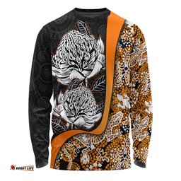 Australia  Warratah Goanna Aboriginal Long Sleeve T-shirt - Waratah Flowers With Orange Lizards, Stones, Sand Dot Art Painting Inspired Long Sleeve T-shirt