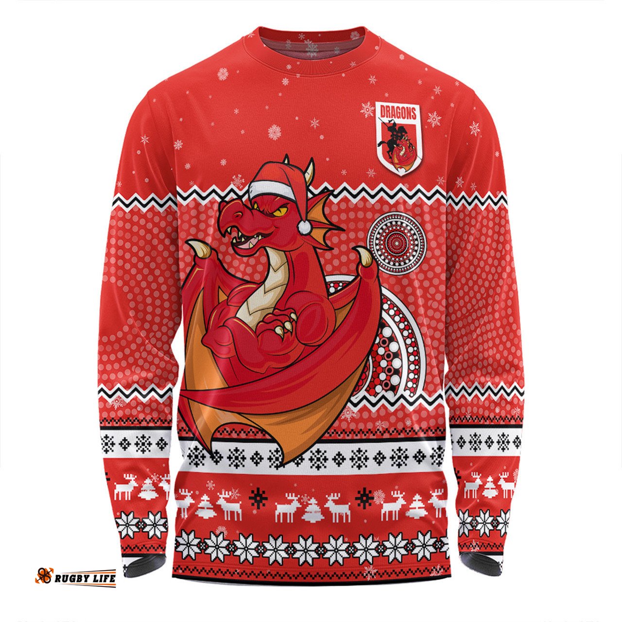 St. George Illawarra Dragons Christmas Custom Long Sleeve T-shirt - Ugly Xmas And Aboriginal Patterns For Die Hard Fan Long Sleeve T-shirt