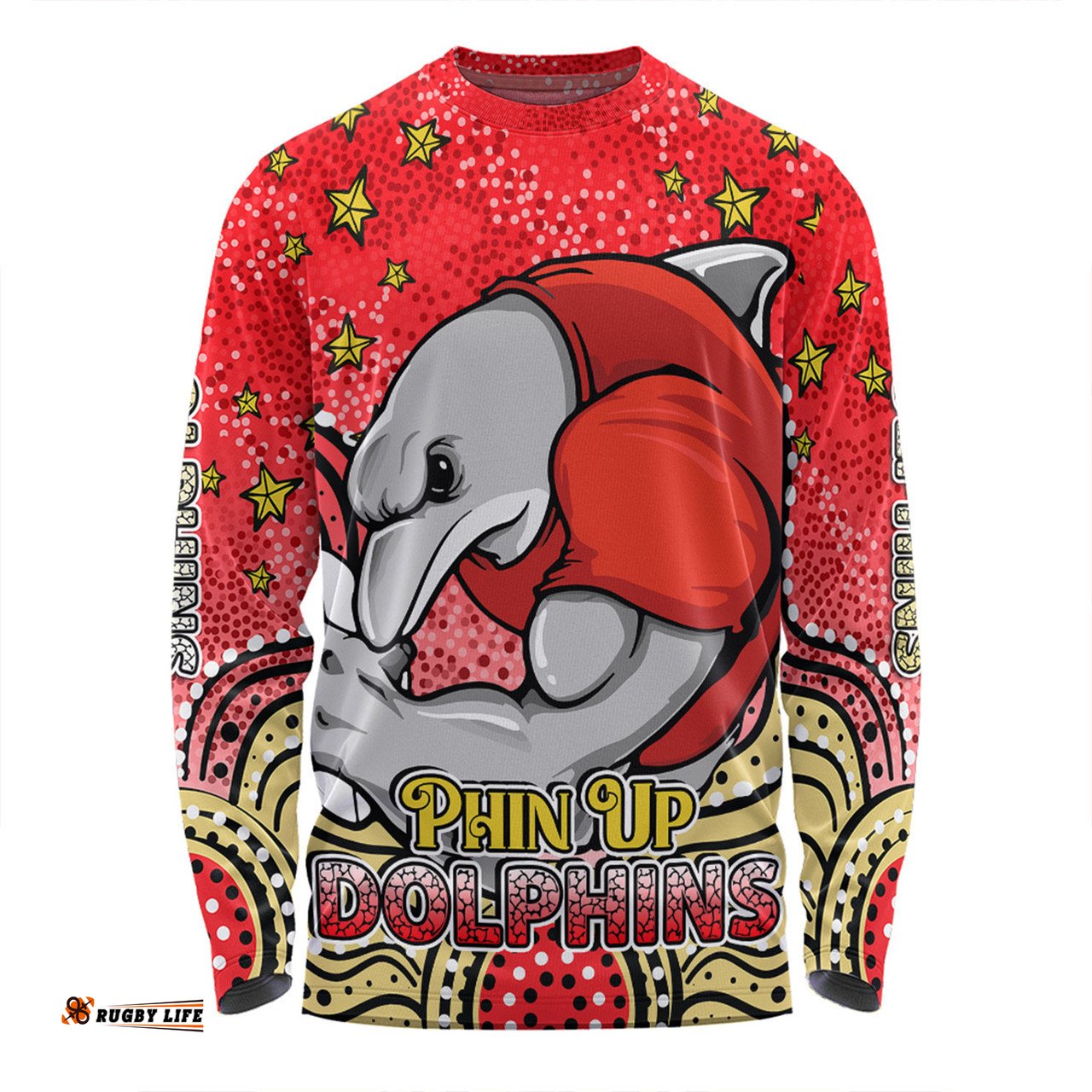 Redcliffe Dolphins Custom Long Sleeve T-shirt - Custom With Aboriginal Inspired Style Of Dot Painting Patterns  Long Sleeve T-shirt