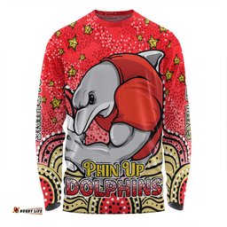 Redcliffe Dolphins Custom Long Sleeve T-shirt - Custom With Aboriginal Inspired Style Of Dot Painting Patterns  Long Sleeve T-shirt
