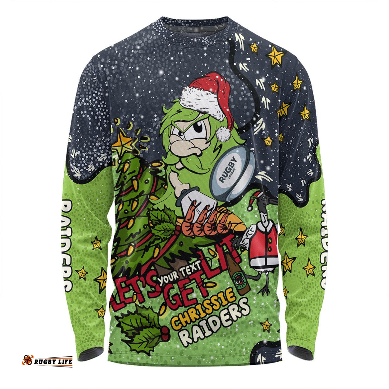 Canberra Raiders Christmas Custom Long Sleeve T-shirt - Let's Get Lit Chrisse Pressie Long Sleeve T-shirt