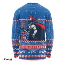 Newcastle Knights Christmas Custom Long Sleeve T-shirt - Ugly Xmas And Aboriginal Patterns For Die Hard Fan Long Sleeve T-shirt