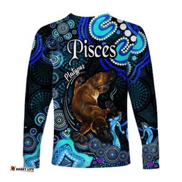 Australian Astrology Long Sleeve T-shirt Pisces Platypus Zodiac Aboriginal Blue