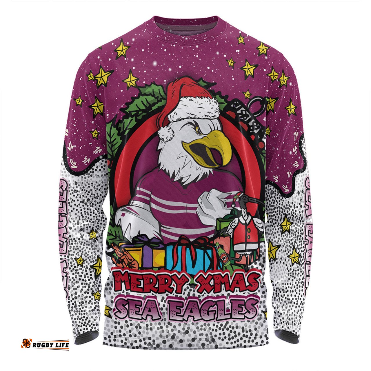 Manly Warringah Sea Eagles Christmas Custom Long Sleeve T-shirt - Merry Christmas Our Beloved Team With Aboriginal Dot Art Pattern Long Sleeve T-shirt