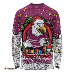 Manly Warringah Sea Eagles Christmas Custom Long Sleeve T-shirt - Merry Christmas Our Beloved Team With Aboriginal Dot Art Pattern Long Sleeve T-shirt
