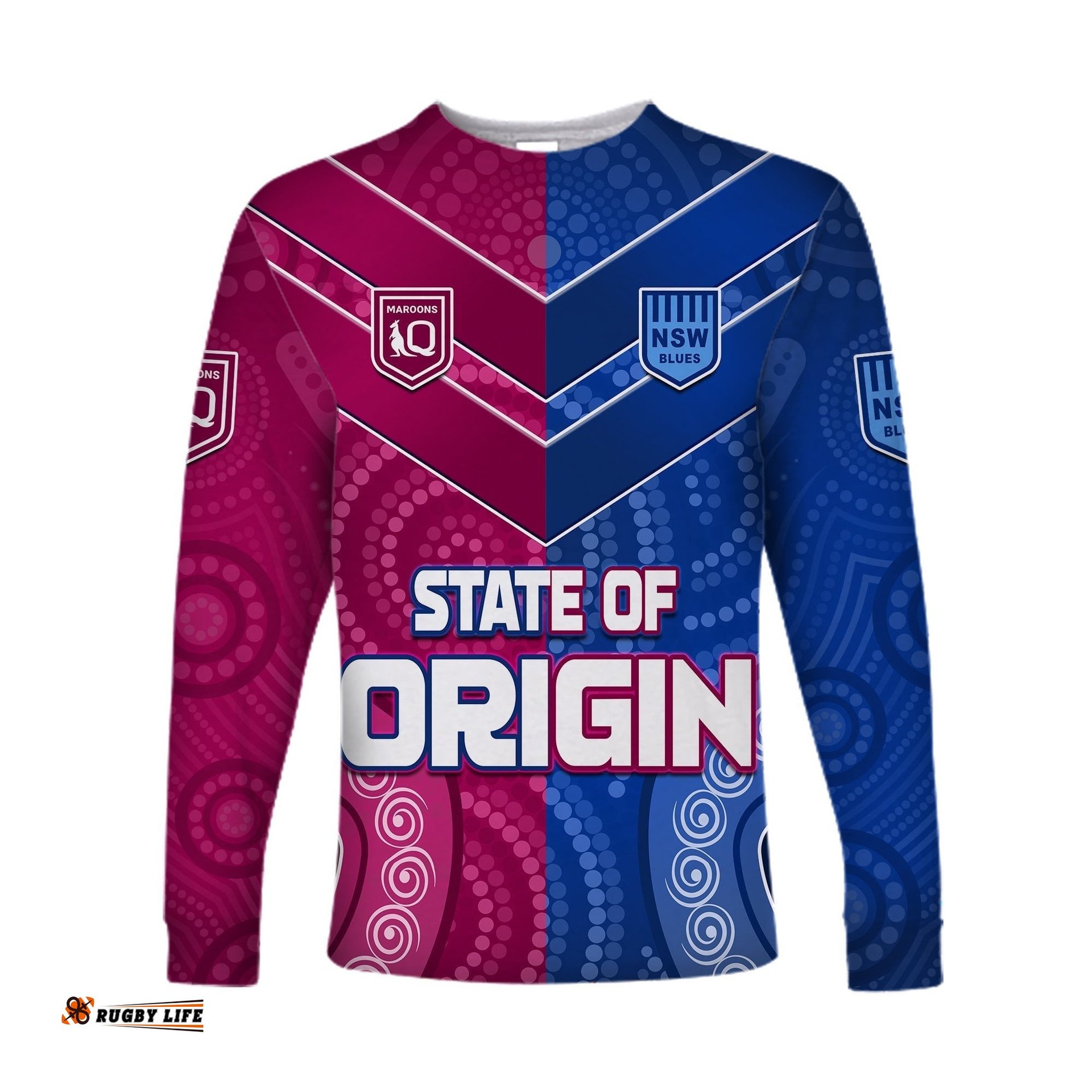 Blues and Maroons Rugby Long Sleeve T-shirt Origin NSW Combine Queensland Aboriginal Australian