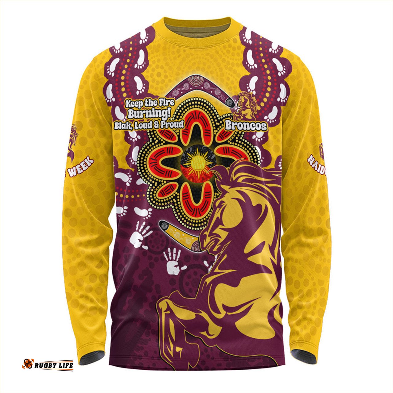 Brisbane Broncos Long Sleeve T-shirt Aboriginal Inspired Naidoc Symbol Pattern