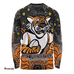 Wests Tigers Custom Long Sleeve T-shirt - Custom With Aboriginal Inspired Style Of Dot Painting Patterns  Long Sleeve T-shirt