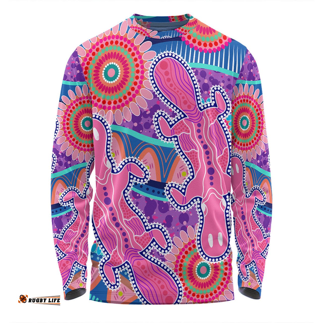 Australia Platypus Aboriginal Long Sleeve T-shirt - Pink Platypus With Aboriginal Art Dot Painting Patterns Inspired Long Sleeve T-shirt