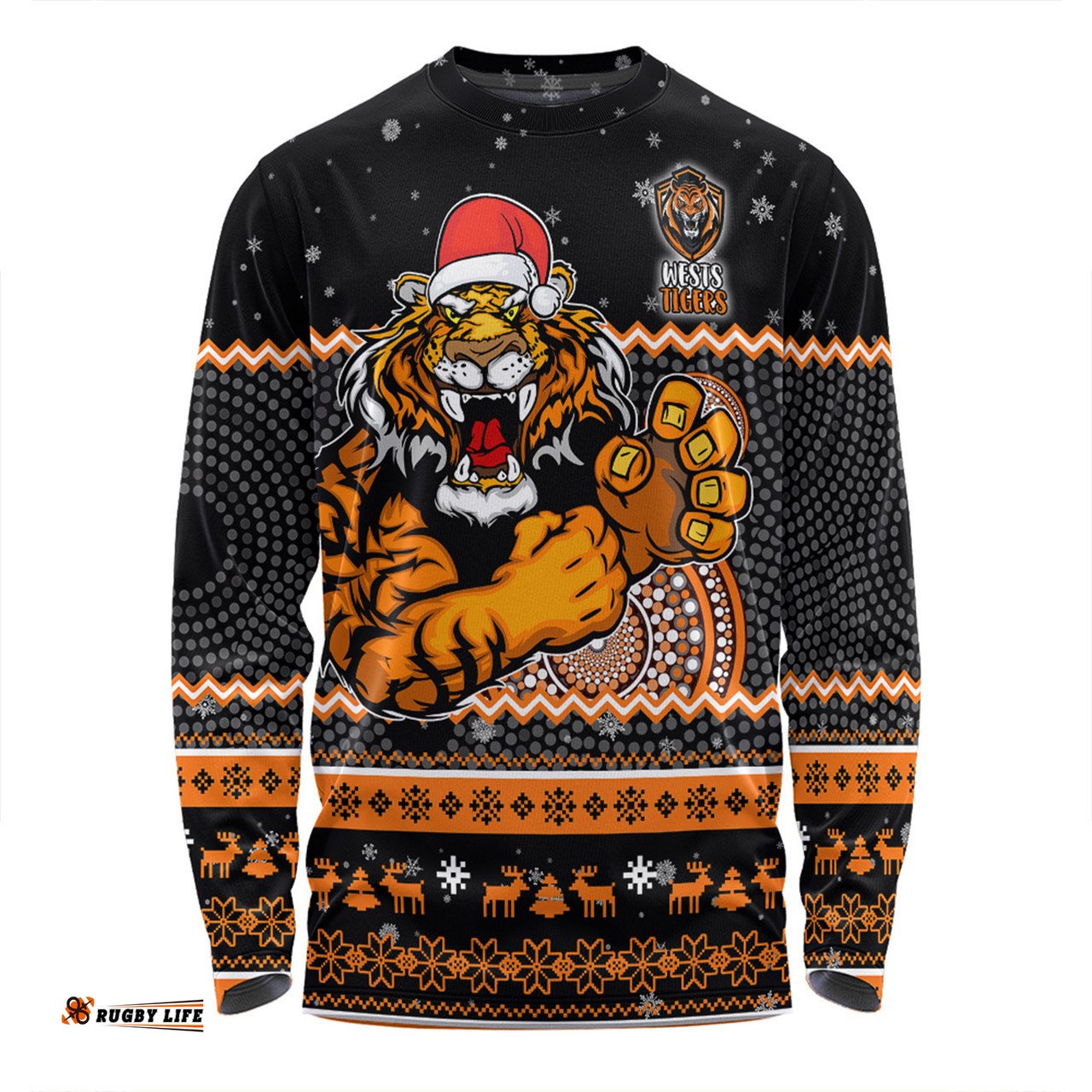 Wests Tigers Christmas Custom Long Sleeve T-shirt - Ugly Xmas And Aboriginal Patterns For Die Hard Fan Long Sleeve T-shirt