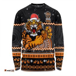 Wests Tigers Christmas Custom Long Sleeve T-shirt - Ugly Xmas And Aboriginal Patterns For Die Hard Fan Long Sleeve T-shirt