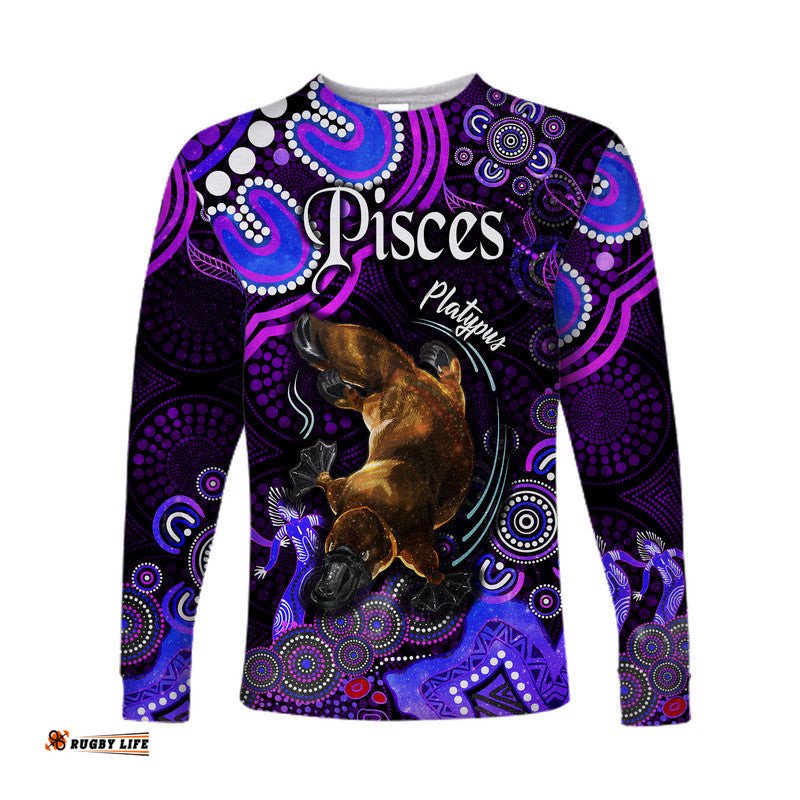 Australian Astrology Long Sleeve T-shirt Pisces Platypus Zodiac Aboriginal Purple