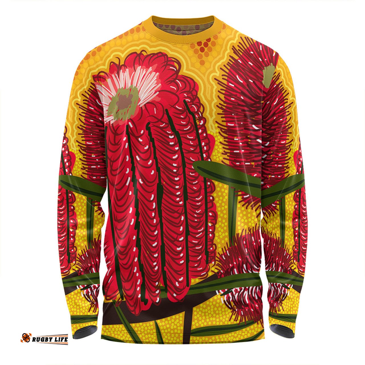 Australia Aboriginal Long Sleeve T-shirt - Aboriginal Dot Art Of Australian Native Banksia Flower Long Sleeve T-shirt
