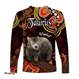 Australian Astrology Long Sleeve T-shirt Taurus Wombat Zodiac Aboriginal Red