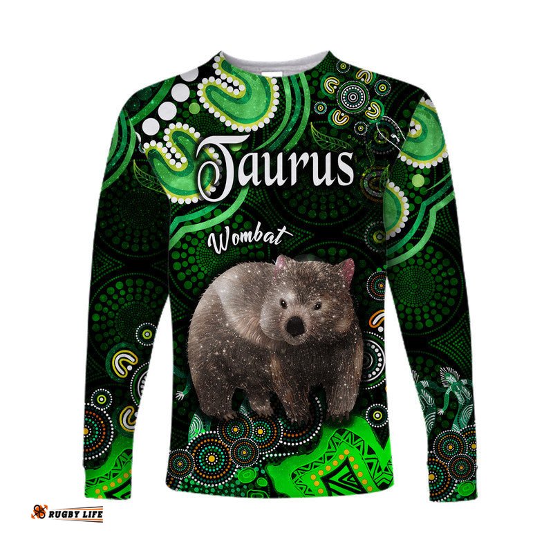 Australian Astrology Long Sleeve T-shirt Taurus Wombat Zodiac Aboriginal Green