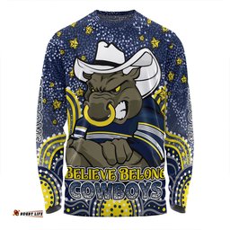 North Queensland Cowboys Custom Long Sleeve T-shirt - Custom With Aboriginal Inspired Style Of Dot Painting Patterns  Long Sleeve T-shirt