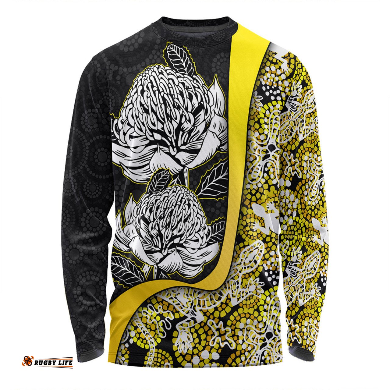 Australia  Warratah Goanna Aboriginal Long Sleeve T-shirt - Waratah Flowers With Yellow Lizards, Stones, Sand Dot Art Painting Inspired Long Sleeve T-shirt