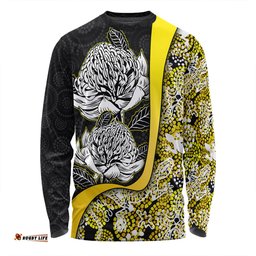Australia  Warratah Goanna Aboriginal Long Sleeve T-shirt - Waratah Flowers With Yellow Lizards, Stones, Sand Dot Art Painting Inspired Long Sleeve T-shirt
