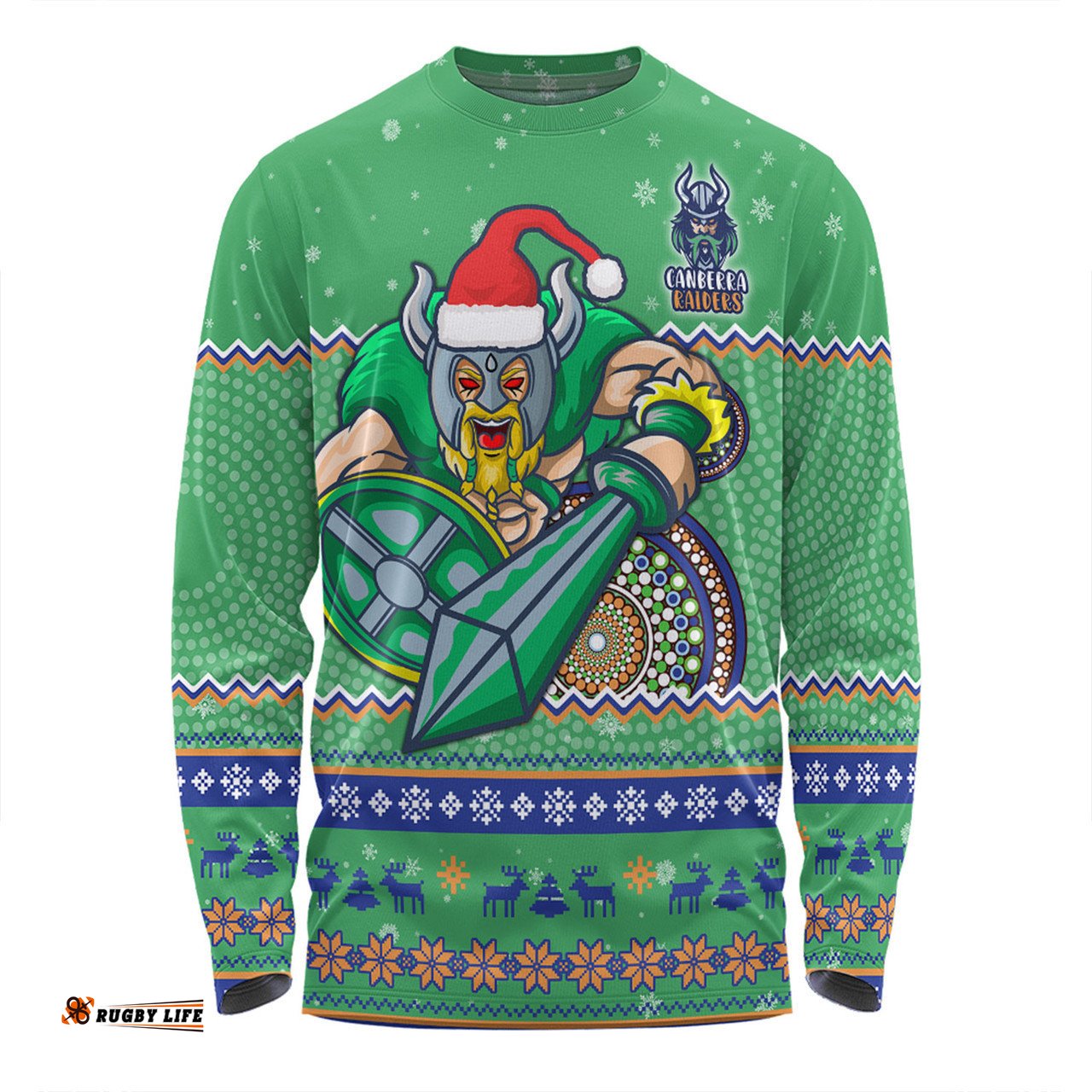 Canberra Raiders Christmas Custom Long Sleeve T-shirt - Ugly Xmas And Aboriginal Patterns For Die Hard Fan Long Sleeve T-shirt