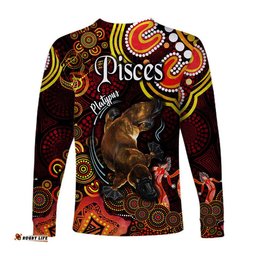 Australian Astrology Long Sleeve T-shirt Pisces Platypus Zodiac Aboriginal Red