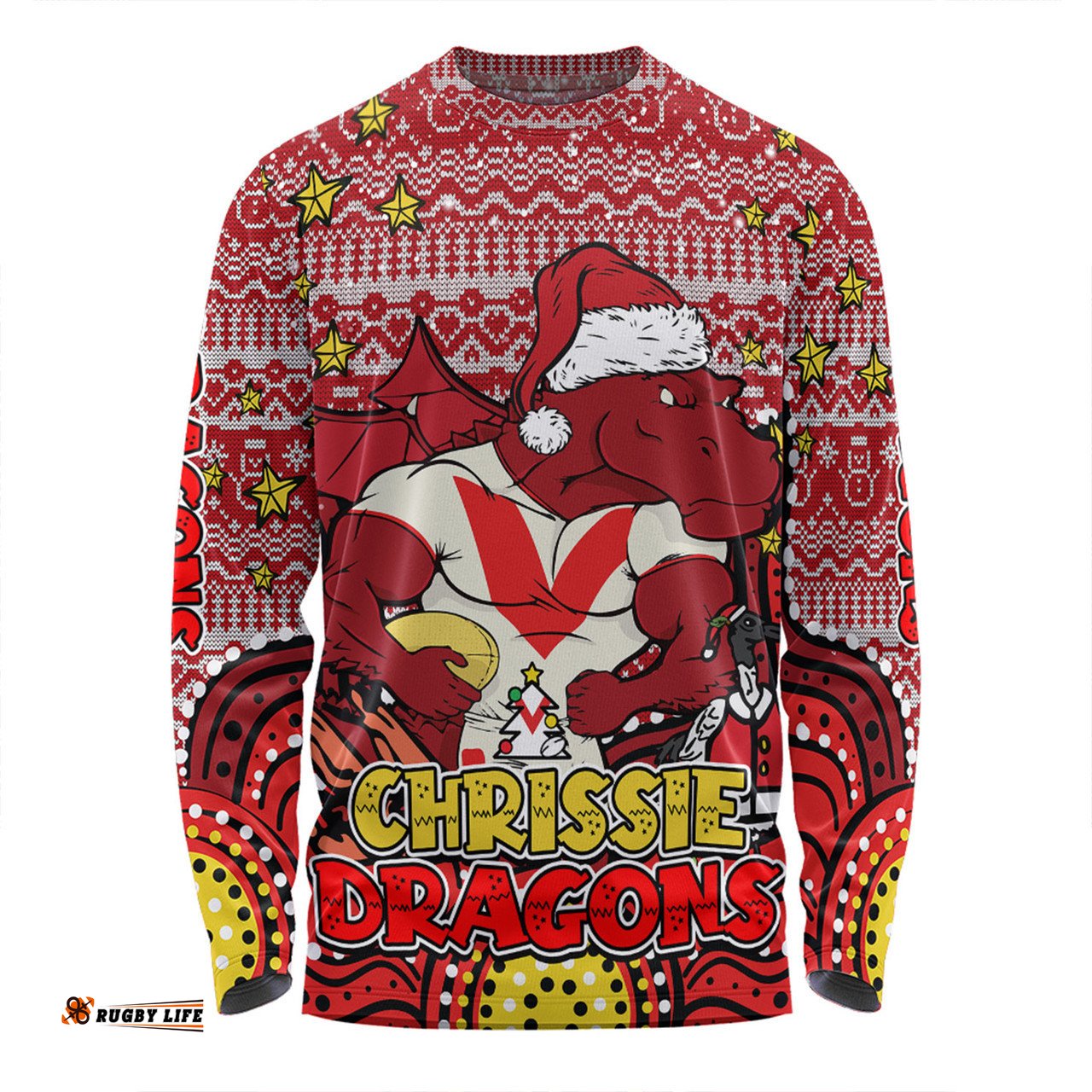 St. George Illawarra Dragons Christmas Custom Long Sleeve T-shirt - Christmas Knit Patterns Vintage Jersey Ugly Long Sleeve T-shirt