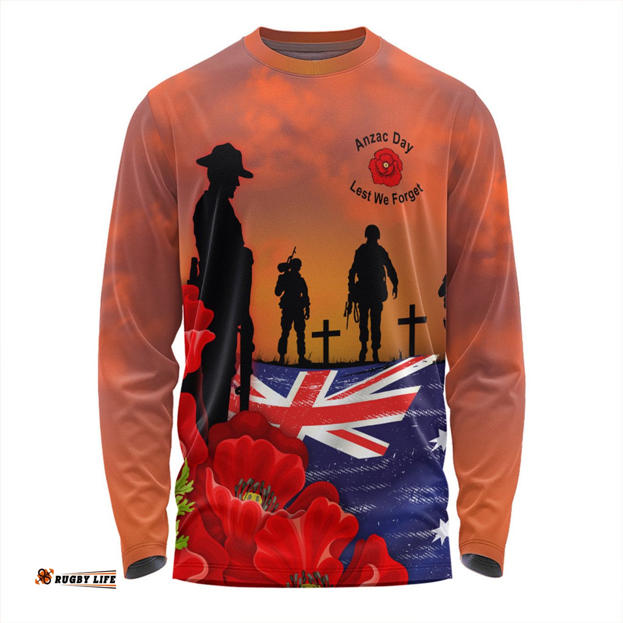Australia Long Sleeve T-shirt Lest We Forger Soldiers Flag With Poppy Flower