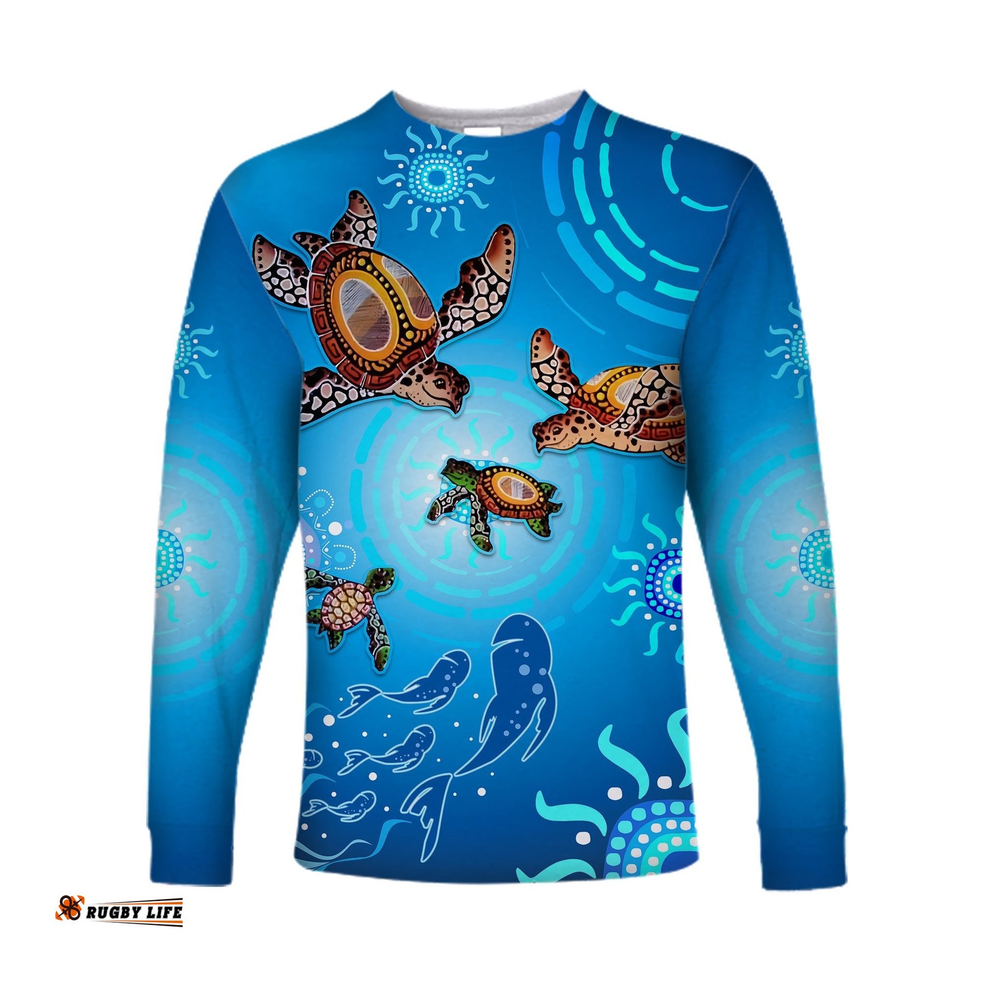 Australian Aboriginal Long Sleeve T-shirt Happy Turtle Family Version Blue