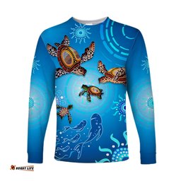 Australian Aboriginal Long Sleeve T-shirt Happy Turtle Family Version Blue