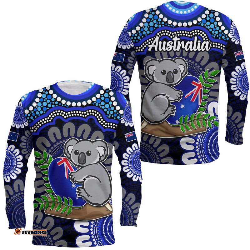 Australia Koala Aboriginal Long Sleeve T-shirt Koala Hugging Rugby Ball Blue