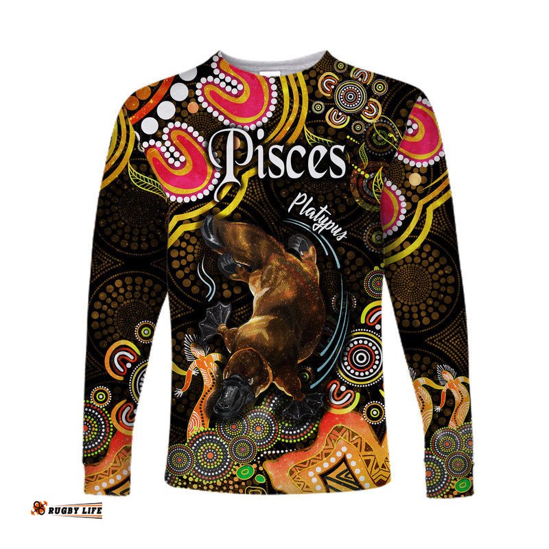 Australian Astrology Long Sleeve T-shirt Pisces Platypus Zodiac Aboriginal Gold