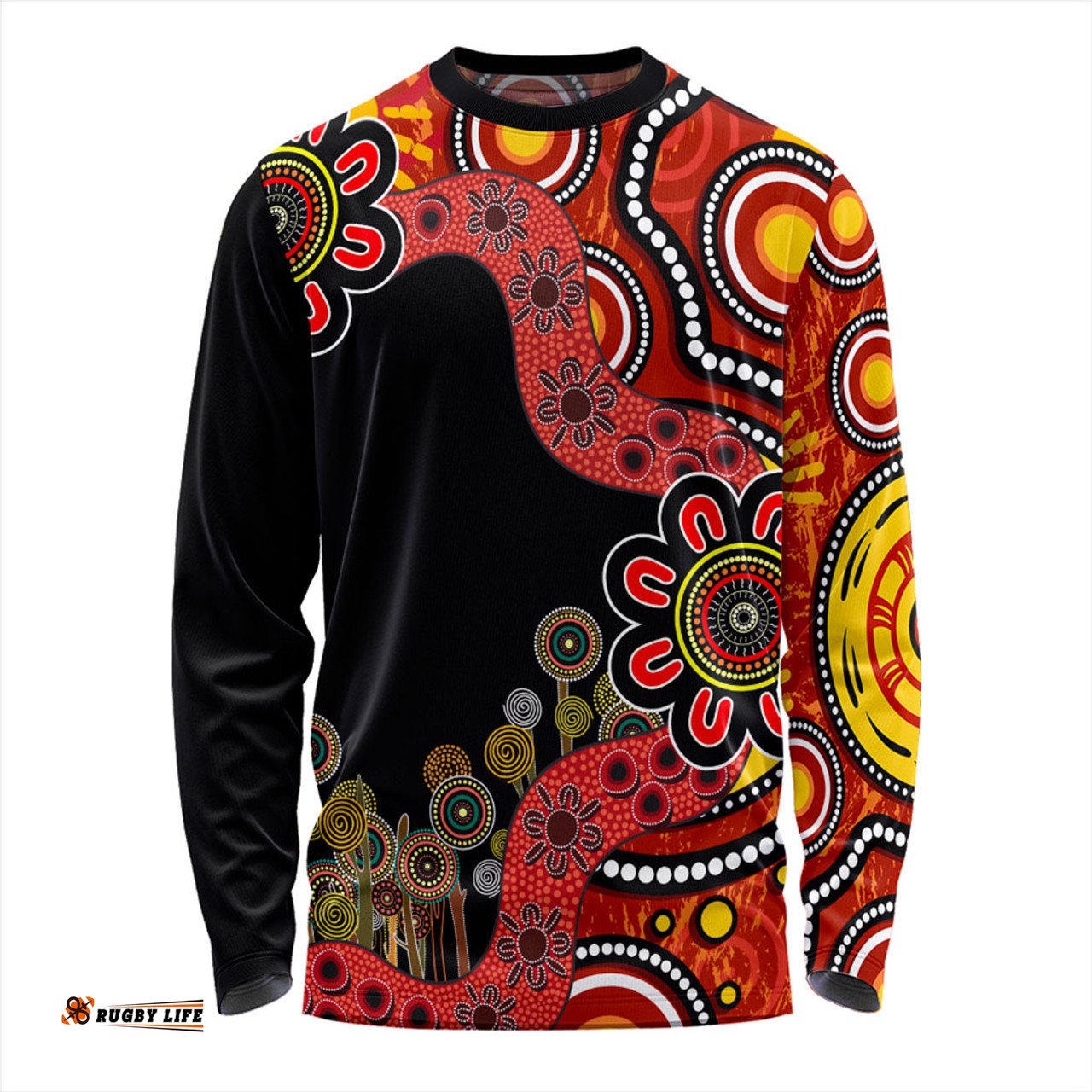 Australia Long Sleeve T-shirt Aboriginal Indigenous Dot Painting Red And Black