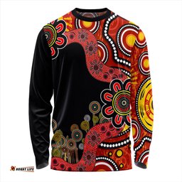 Australia Long Sleeve T-shirt Aboriginal Indigenous Dot Painting Red And Black