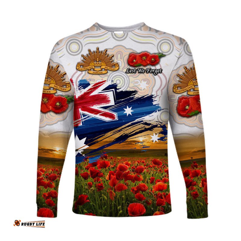 Australia Aboriginal ANZAC Long Sleeve T-shirt Poppy White