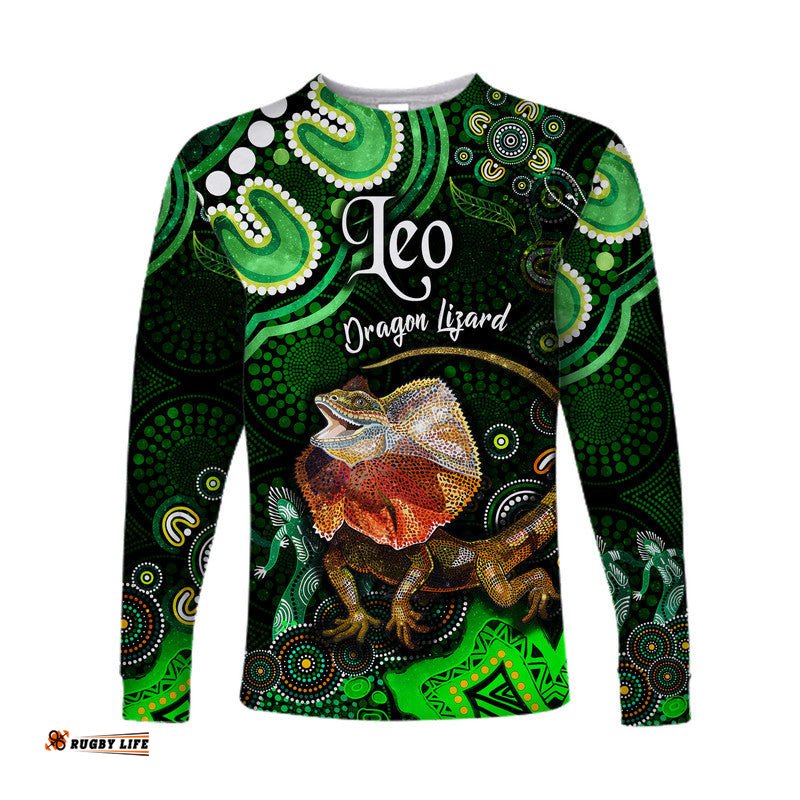 Australian Astrology Long Sleeve T-shirt Leo Dragon Lizard Zodiac Aboriginal Green